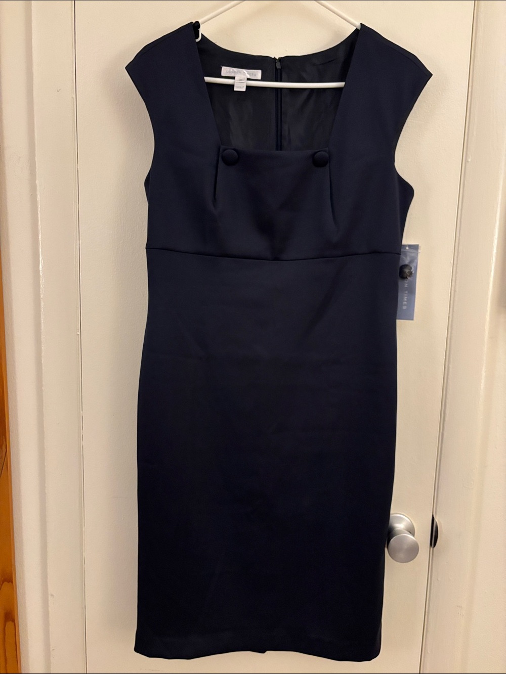 London Times Navy Square-Neck Sheath Dress